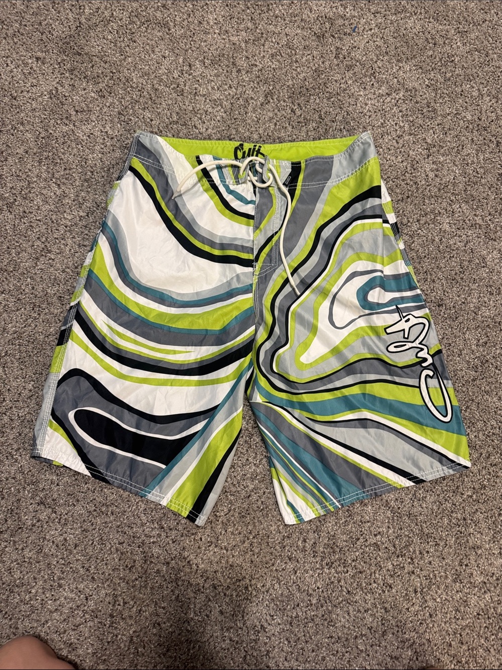 Men's Lime Green & Gray Swirl Board Shorts with Drawstring Waist